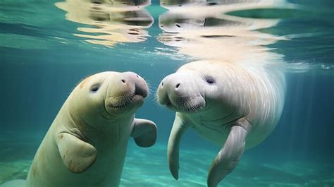 Premium AI Image | Mother Dugong Teaches Baby Dugong to Swim