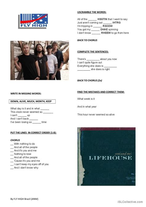 Lifehouse - You and me song and nurs…: English ESL worksheets pdf & doc