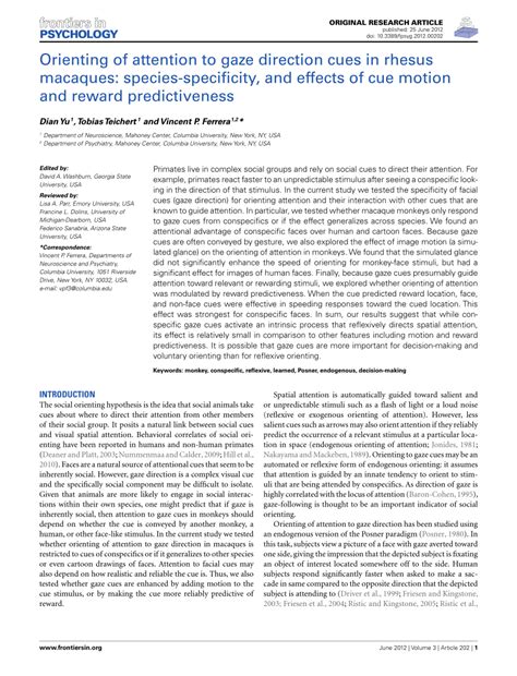 (PDF) Orienting of Attention to Gaze Direction Cues in Rhesus Macaques: Species-Specificity, and ...