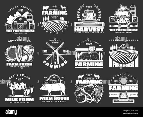 Farm and farming monochrome vector icons, harvest and animals. Organic food and meat, milk and ...