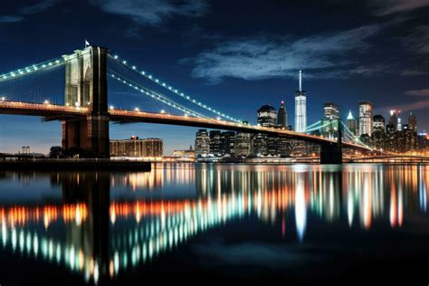 Brooklyn Bridge and Manhattan skyline at night, New York City, brooklyn bridge night exposure ...