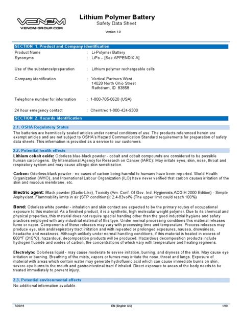 Lithium Polymer Battery SDS | Battery (Electricity) | Combustion