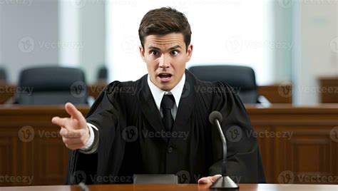 Young judge in a courtroom or law enforcement office, holding a ...