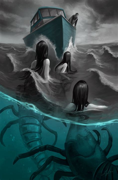 Creepy Mermaids Lobster Sirens Ocean Sea Art Illustration