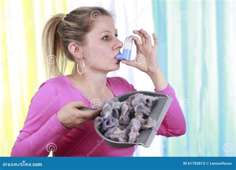 Woman with House Dust Allergy and Asthma Spray Stock Image - Image of ...