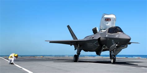 An RAF F-35B prepares for takeoff from the deck of HMS Queen Elizabeth ...