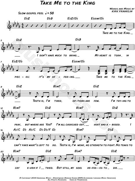 Tamela Mann "Take Me To the King" Sheet Music (Leadsheet) in Db Major (transposable) - Download ...