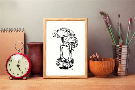 Mushroom Art Black Ink Illustration Black White Art Print | Etsy