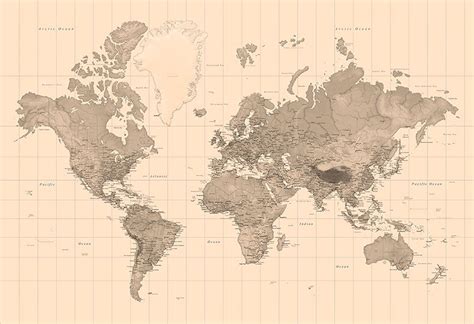 Sepia World Map Wallpaper | World Map Wall Murals | Wallpapered