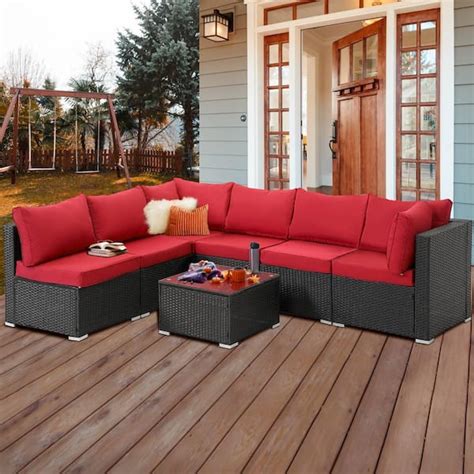MIRAFIT Black 7-Piece Wicker Outdoor Dining Set With red Cushion WSD007-RD - The Home Depot