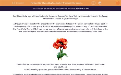 Identify and Explain the Key Themes in the poem 'Poppies' by Jane Weir Worksheet - EdPlace