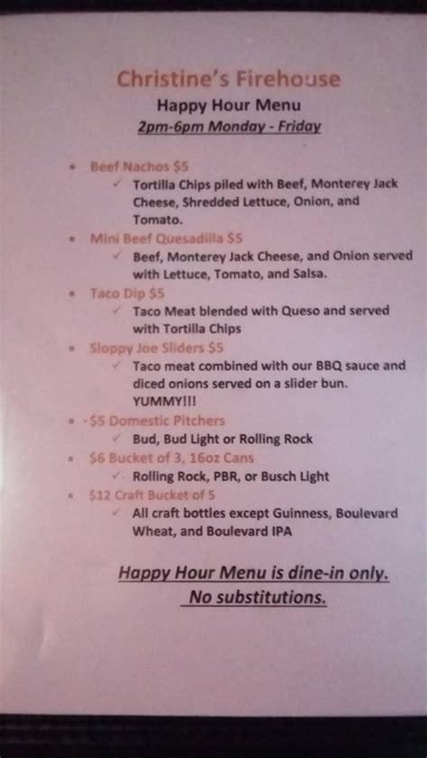 Menu at Christine's Firehouse pub & bar, North Kansas City