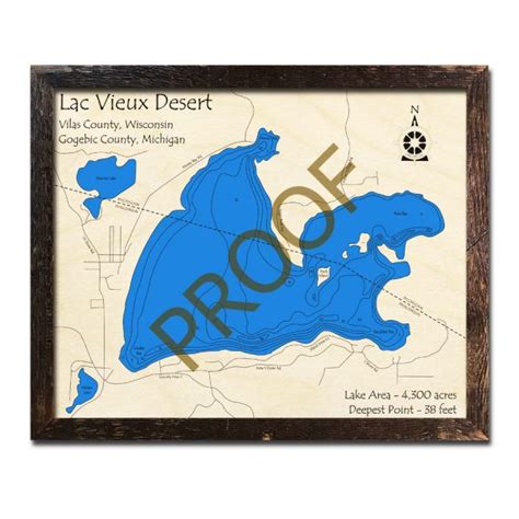 Lac Vieux Desert, WI Wood Map | 3D Nautical Wood Charts