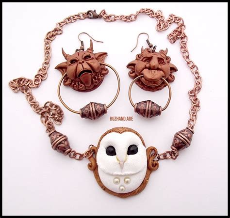 Knocker Earrings Labyrinth + Necklace White OWL by *buzhandmade on deviantART | Clay jewelry ...