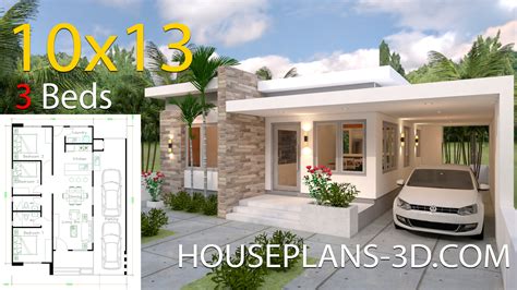 House design 10x13 with 3 Bedrooms Terrace roof - House Plans 3D