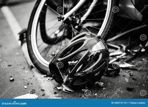 Bicycle Wheel and Helmet after Crash on the Street Stock Photo - Image ...