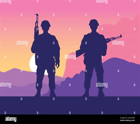 soldiers figures silhouettes at sunset scene vector illustration design ...