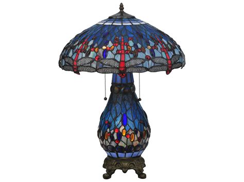 Meyda Hanginghead Dragonfly Lighted Base Blue Tiffany Table Lamp | MY118840