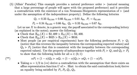 Solved (Allais' Paradox) This example provides a natural | Chegg.com