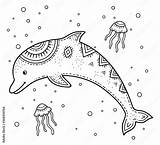 Funny Cartoon Childrens coloring Dolphin With jellyfish Among Bubbles  sketch template