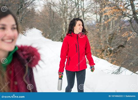 Girls on a Hiking Trip on Snowy Mountain Stock Photo - Image of ...