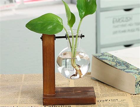 a plant in a glass vase on top of a wooden stand next to an open book