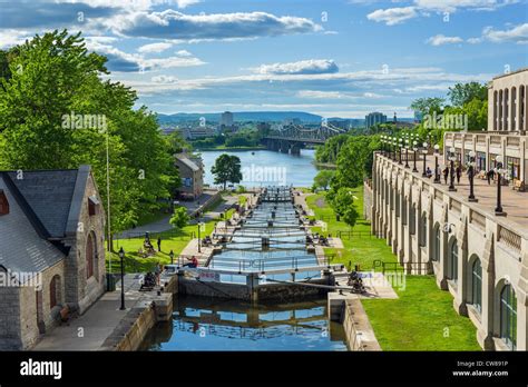 Flight of locks on the Rideau Canal looking towards the Ottawa River, Ottawa, Ontario, Canada ...