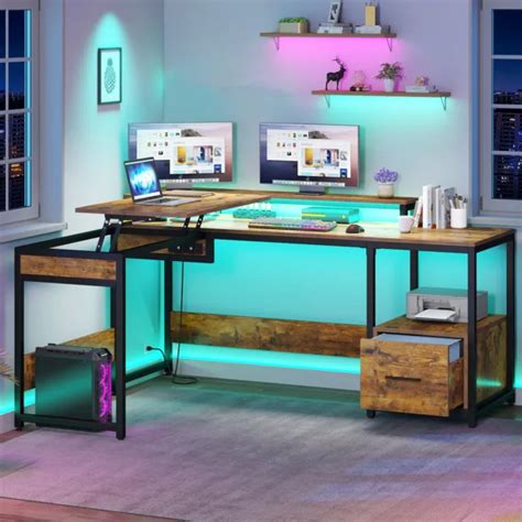 65 INCH LIFT Top L Shaped Desk with Power Outlets & LED Strip & Monitor Stand $156.99 - PicClick
