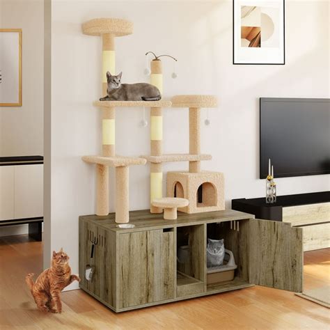 DWVO Large Hidden Litter Cat Box Enclosure with Cat Tree, Indoor Cat ...