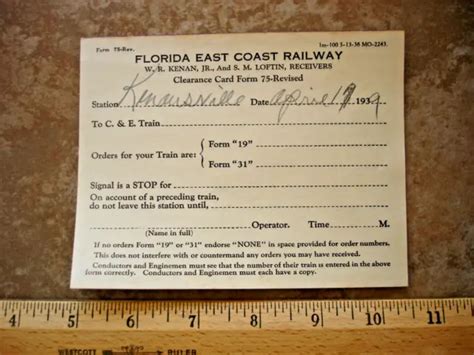 1930S FLORIDA EAST Coast Railway Clearance Card Form Conductors Enginemen EX $11.95 - PicClick