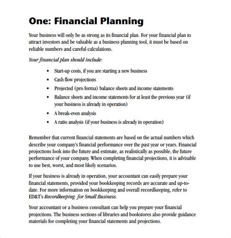 business plan finance section