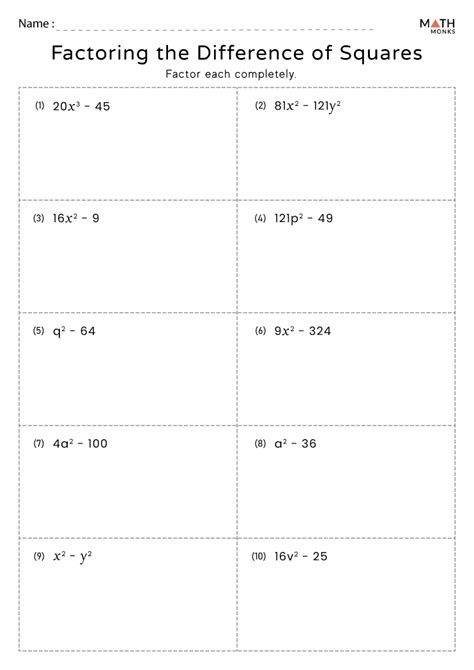 Factoring Difference of Squares Worksheets - Math Monks