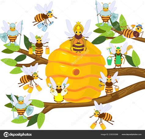 Yellow Cartoon Beehive Tree Branch Honey Bee Family Isolated White ...