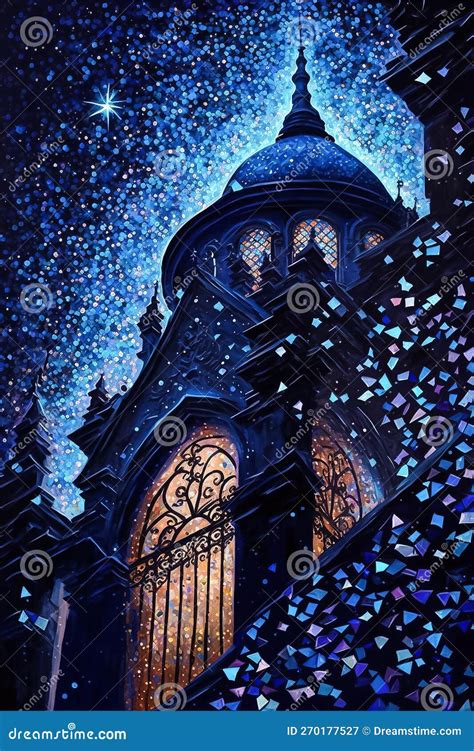 Night View of Church or Cathedral, Dark Blue Starry Sky, Atmospheric Magical Glowing Background ...