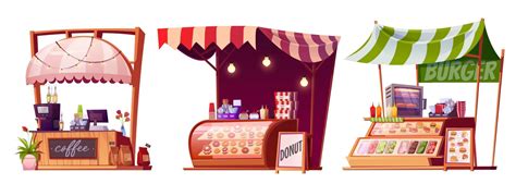 Market stalls with street food 16881414 Vector Art at Vecteezy