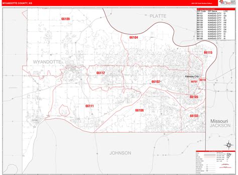 Wyandotte County, KS Zip Code Wall Map Red Line Style by MarketMAPS - MapSales