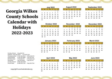 Georgia Wilkes County Schools Calendar with Holidays 2022-2023