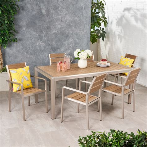 Gannon Outdoor Modern 6 Seater Aluminum and Faux Wood Dining Set, Natural and Silver - Walmart ...