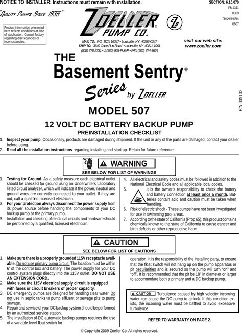 537026 1 Zoeller 507 Basement Sentry System Installation Manual Fm1311 ...