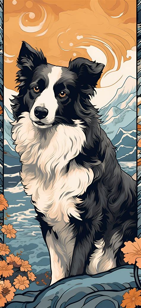 Border Collie in Ukiyo-E Style with Mountains and Wind - Aesthetic Wallpaper iPhone in 2023 ...