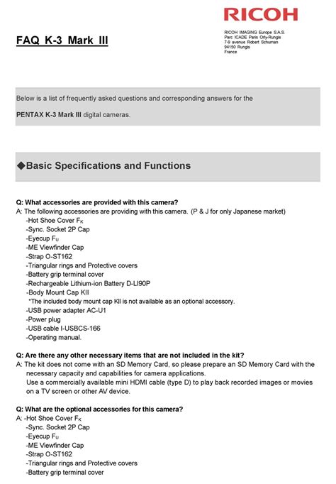 RICOH PENTAX K-3 MARK III FAQ Pdf Download | ManualsLib