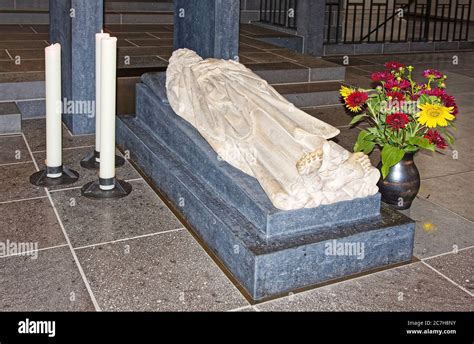 St. Matthias relics tomb, marble effigy, 3 tall candles burning, flowers, apostle, St. Matthias ...