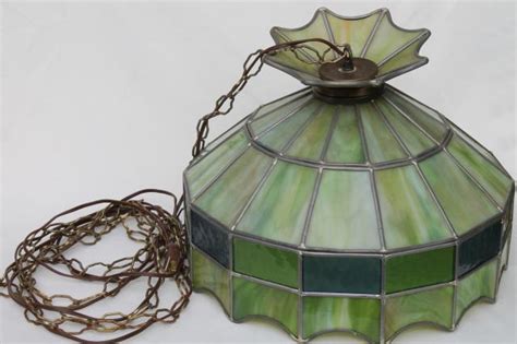 vintage leaded glass shade light fixture, green stained glass pendant hanging lamp