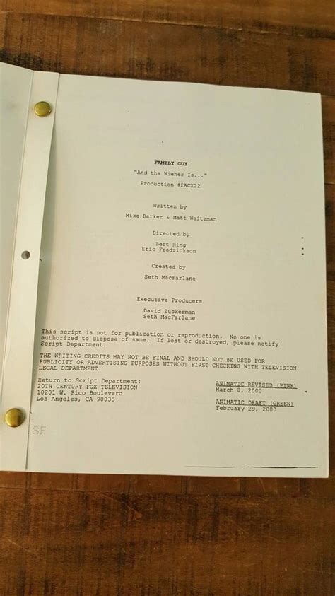 Draft Script of FAMILY GUY Episode - "And the Weiner is ...", Production #2ACX22 | #1869036748