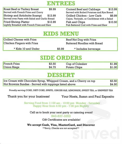 Kelly's Tavern menu in Bluffton, South Carolina, USA