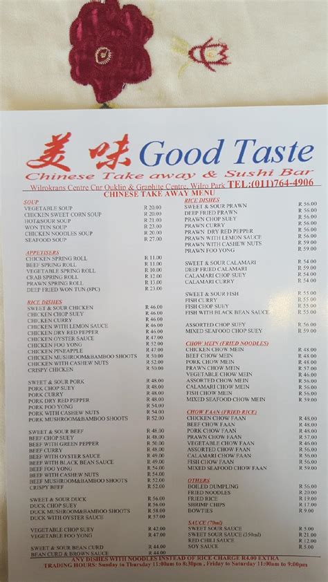 Menu at Good Taste restaurant, Roodepoort, Wilrokrans Shopping Centre