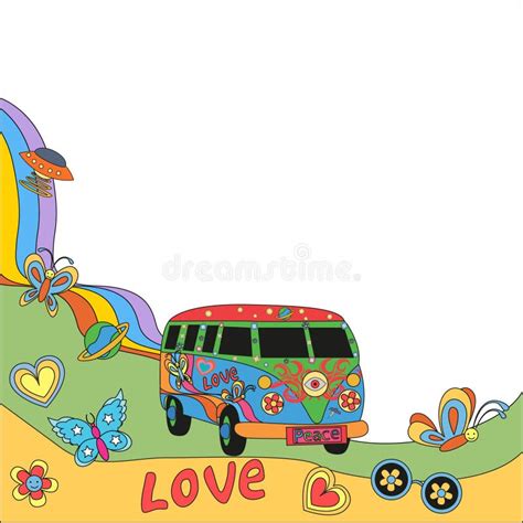 Psychedelic Cool Vintage Background Rainbow with Hippie Bus Stock ...