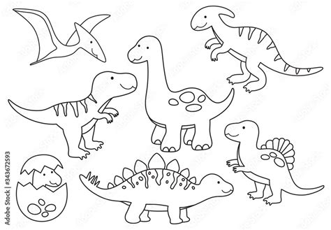 Vector line set of Dinosaurs. Dinosaur outline for coloring including Stegosaurus, Brontosaurus ...