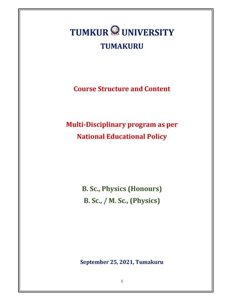 Physics - TUMKUR UNIVERSITY TUMAKURU Course Structure and Content Multi-Disciplinary program as ...