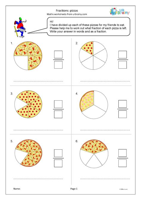 Fractions: pizzas - Fraction Worksheets for Year 3 (age 7-8) by URBrainy.com